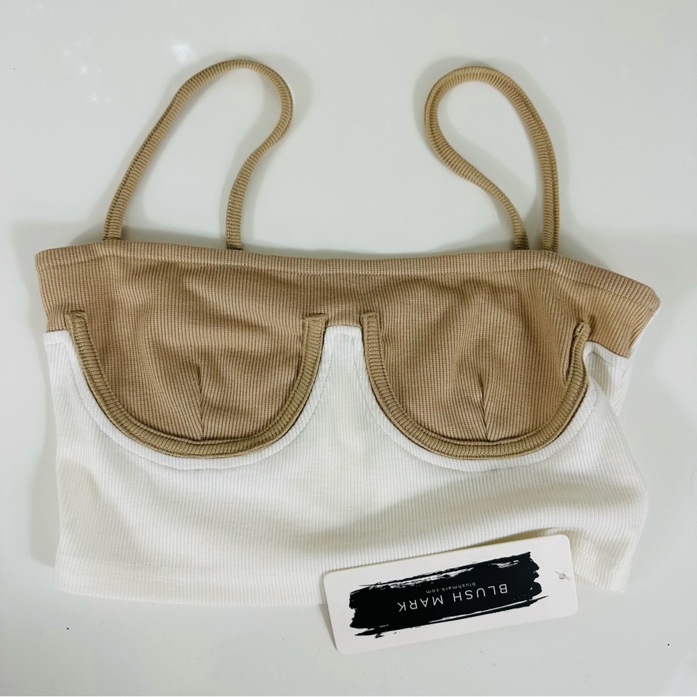 Blush Mark Contrast Underwire Ribbed Tank Top - White & Tan